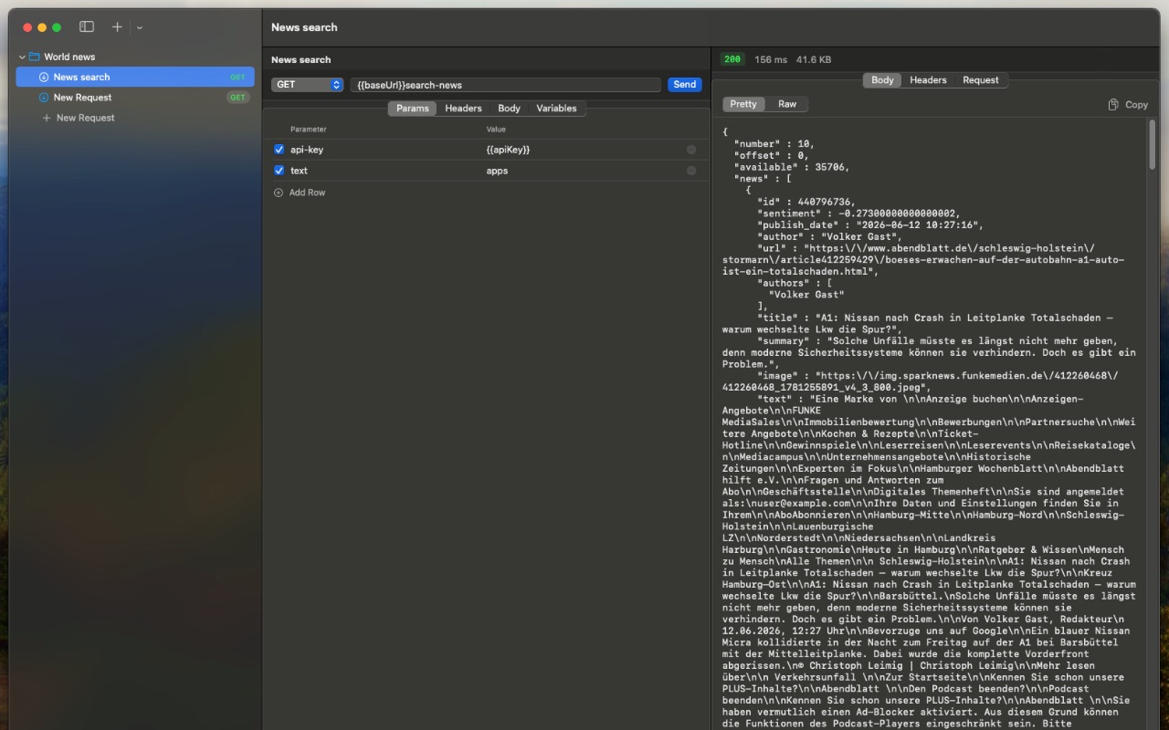 Fetcher showing a GET request with query parameters on the left and a formatted JSON response on the right