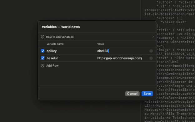Fetcher's variables sheet for a collection, defining apiKey and baseUrl